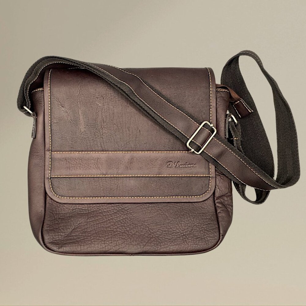 D’Luciano Genuine Brown Leather Messenger Crossbody Bag w/Adjustable Strap